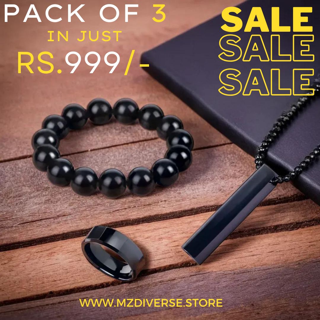 Pack of 3 - Black Bar Pendant, Ring, & Bead Bracelet